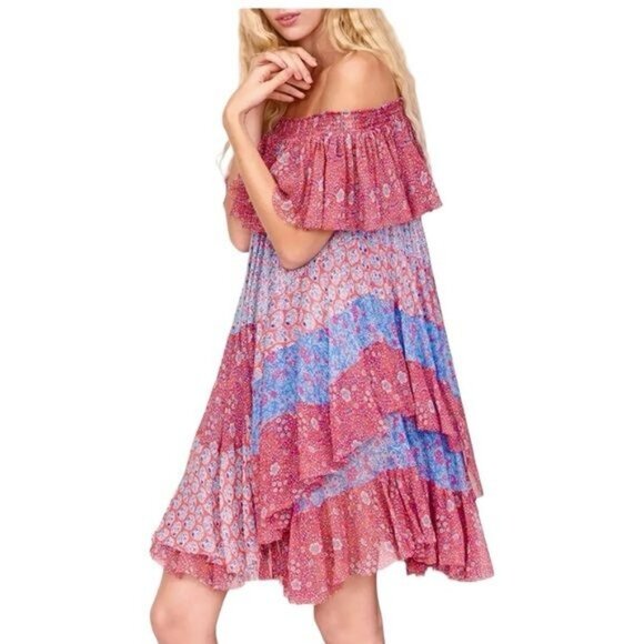 Rebecca Taylor Silk Off Shoulder Patchwork Mini Dress Mermaid Size S - Picture 1 of 15